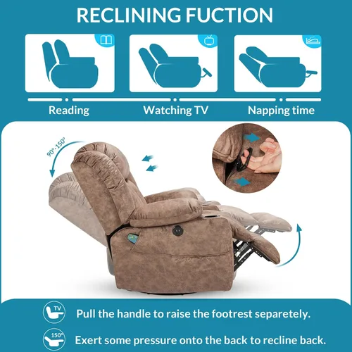 Miniatura 3 de Silla reclinable manual giratoria de 360 grados con masaje y calor, puertos USB, bolsillos laterales y portavasos, tela de terciopelo (marrón)