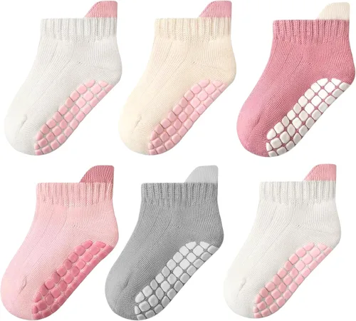 Miniatura 8 de Calcetines tobilleros antideslizantes para niños pequeños con agarres, lindos sin costuras, para bebés, niños y niñas, 6 pares