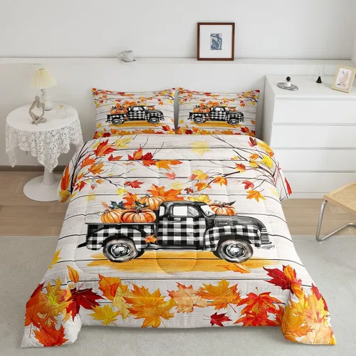 Miniatura 15 de Erosebridal Juego de edredón de gatos lindos para niños, juego de ropa de cama de calabaza y hoja de arce para niñas y niños, juego de edredón