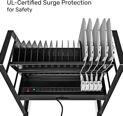 Miniatura 6 de Line Leader Estación de carga móvil para 16 dispositivos, carrito rodante de acero para laptops, tabletas y Chromebooks, diseño abierto
