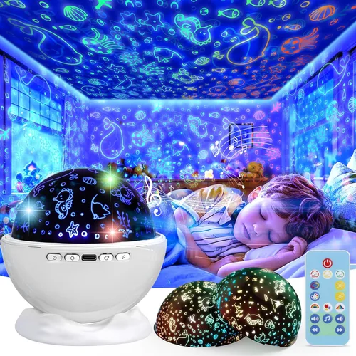 Miniatura 10 de Proyector de luz nocturna, luz nocturna para habitación de niños con control remoto y temporizador, rotación de 360°, 3 películas de proyección, 18