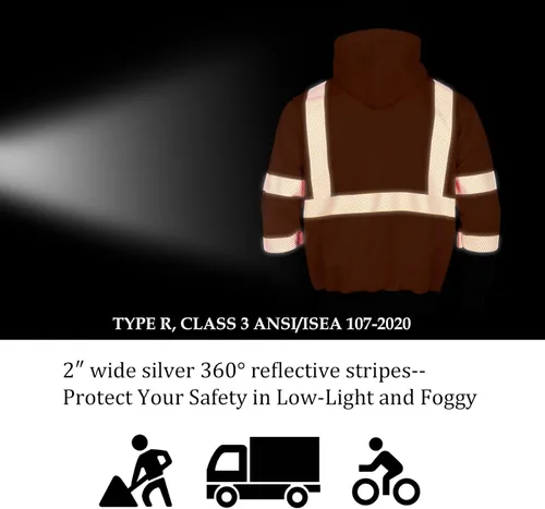 Miniatura 6 de VENDACE Sudadera de Forro Polar Reflectante de Alta Visibilidad ANSI Clase 3 para Hombres, Sudadera con Capucha de Alta Visibilidad con Cremallera
