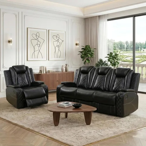 Miniatura 27 de Juego de sofá reclinable eléctrico, sofá reclinable de cuero de aire con LED/portavasos/almacenamiento, 2 muebles de sala de estar, sofá de cuero