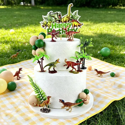Miniatura 5 de 28 piezas de decoración de pastel de dinosaurio 3D artificiales de bolas verdes y marrones, decoración de pastel de coco artificial para baby