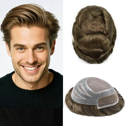 Miniatura 33 de Sistema de cabello frontal de encaje francés para hombres, tupé duradero para hombre, línea capilar natural, fino mono tupé para hombres, protesis
