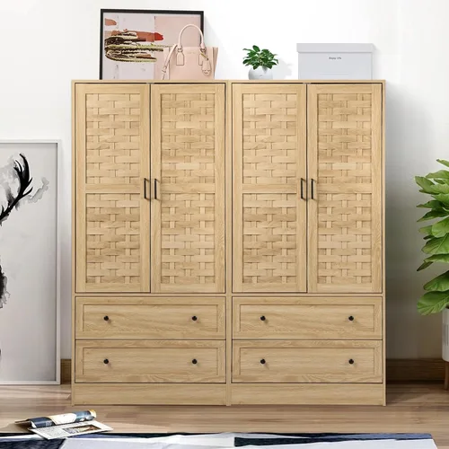 Miniatura 7 de LEVNARY Armario con 2 puertas tejidas, armario con 2 cajones de almacenamiento y riel para colgar, armario de madera independiente para dormitorio