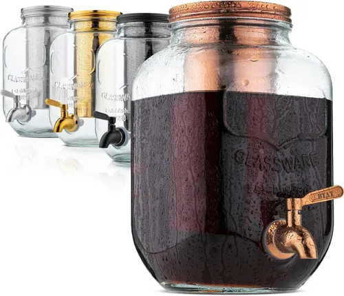 BTAT - Cafetera de café frío de 1 galón, jarra de vidrio grueso con filtro de acero inoxidable, tapa y espiga, cafetera de café helado y té solar,