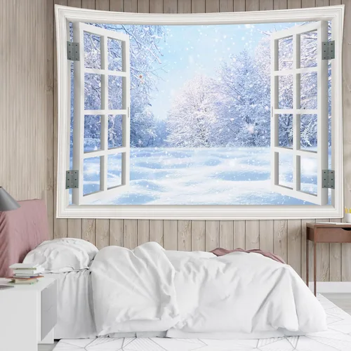 Miniatura 12 de LB Tapiz de Navidad de invierno, ventana de invierno exterior, pino nevado en bosque, tapiz de pared para dormitorio, paisaje de montaña, arte