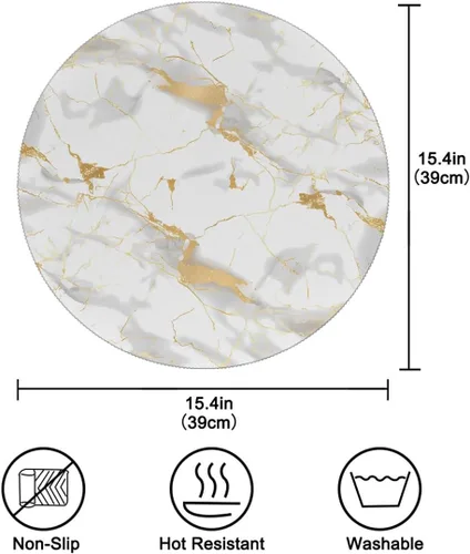 Miniatura 2 de Round Placemats Set of 1, White Marble Print Gold Texture Heat Resistant Washable Place Mats Table Mat for Kitchen Dining Party