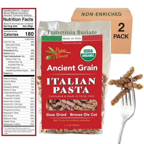 Papa Vince Pasta orgánica no enriquecida - Grano antiguo, alto en fibra, alto en proteínas, Timilia/Tumminia cultivado en Sicilia Italia. textura Al