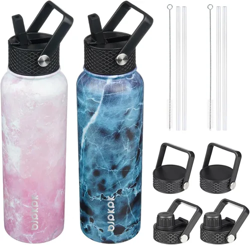 Miniatura 18 de BJPKPK Paquete de 2 botellas de agua aisladas con tapas con pajita, botella de agua de metal de acero inoxidable de 18oz con 6 tapas, jarras a