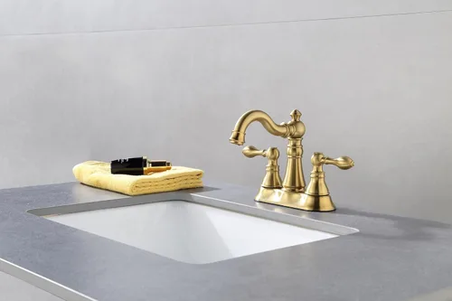 Miniatura 3 de Grifo de baño con dos asas de oro cepillado de 3 agujeros con desagüe emergente de plástico con rebosadero, grifo giratorio para lavabo de baño de 4