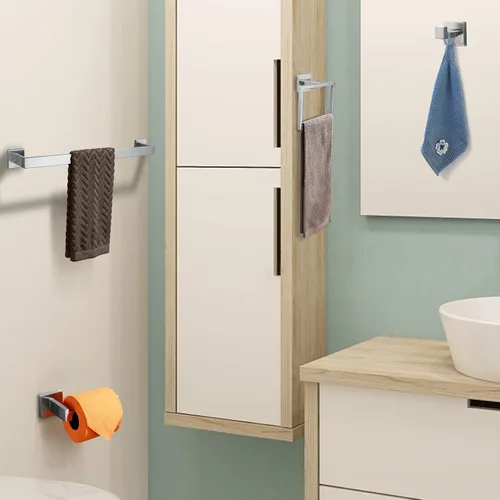 Miniatura 7 de Juego de 4 piezas de accesorios de baño de acero inoxidable de alta calidad, juego de accesorios de baño cuadrados montados en la pared, 23.6 Níquel