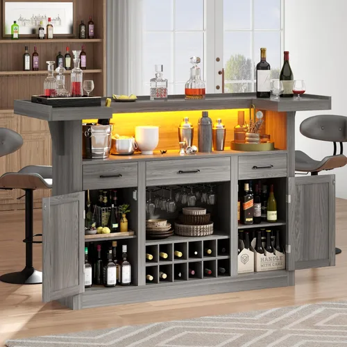 Loomie Armario de mesa de bar con LED y 3 cajones, barra de licor con estantes de almacenamiento ajustables y soportes para copas, mostrador en