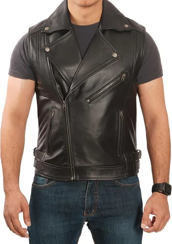 Miniatura 3 de Decrum Chaleco de cuero para hombre, estilo de motocicleta, sin mangas, de cuero real, con bolsillos ocultos