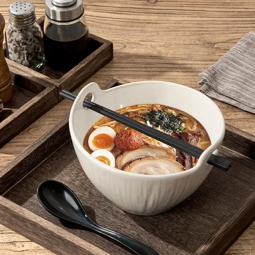 Miniatura 6 de Donburi - Juego de 2 cuencos de cerámica para fideos con palillos y cucharas, juego de 2 cuencos Donburi aptos para lavavajillas para pasta
