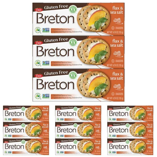Miniatura 5 de Breton Galletas de lino y sal marina sin gluten (paquete de 3) – Sin OMG, a base de plantas, para aperitivos, salsas, queso y untables, 3 x 4.76