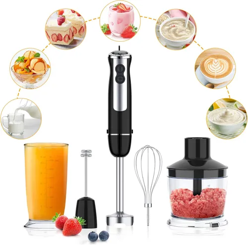 Batidora de mano 5 en 1, batidora de mano de 800 W, 12 velocidades y modo turbo mezclador de mano con vaso de mezcla de 21.7 fl oz, picador de 16.9