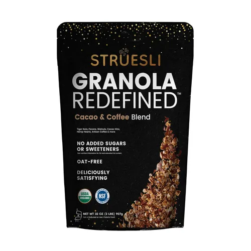 Struesli Cacao + Café Orgánica Granola, Sin Granos y Sin Gluten, Bocadillos Saludables con Cacao, Café, Frutos de Chufa, Nueces Pecanas, Nueces,