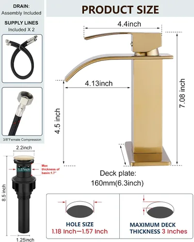 Miniatura 7 de Midanya Grifo de baño con boquilla de cascada, de un solo orificio o montaje en cubierta de 3 agujeros, grifo de fregadero de acero inoxidable 304