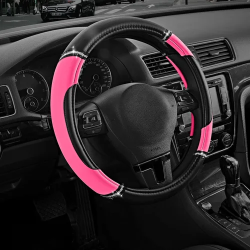 Miniatura 8 de Road Comforts Funda de Volante de Cuero - Hecha con Cuero PVC - Antideslizante, Ajuste Universal de 14 1/2 pulgadas a 15 pulgadas - Rosa Intenso