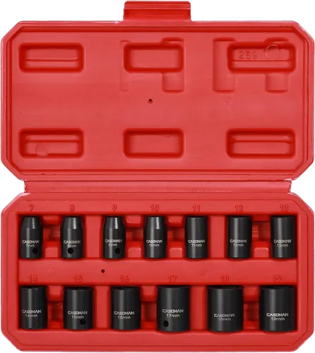 Miniatura 8 de CASOMAN Juego de 13 piezas de llaves de impacto de 3/8 de pulgada, 6 puntos, métricas, poco profundas, CR-V, de 7 mm a 19 mm, estuche