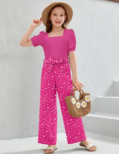 Miniatura 24 de DONWEN Conjunto de 3 piezas de ropa para niñas pequeñas y niñas con cuello cuadrado + pantalones elegantes + diadema para primavera y verano