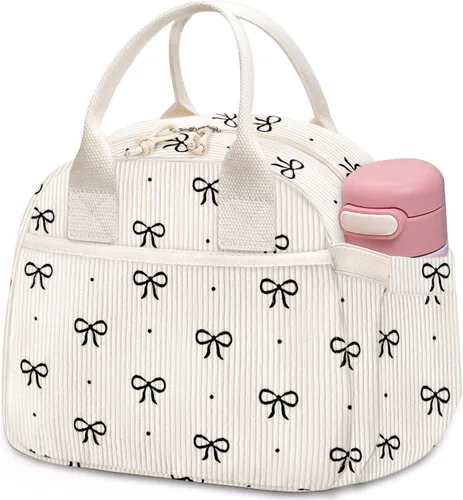 Miniatura 28 de Carry bloom Lonchera para mujer, lonchera aislada, bonita lonchera de pana reutilizable para el trabajo (1 rayas blancas y negras)