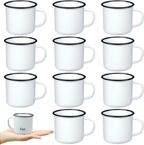 Yinder 12 tazas de café de 5 onzas de metal pequeñas clásicas portátiles blancas de 5 onzas, tazas vintage a granel con asa para café, té, picnic,