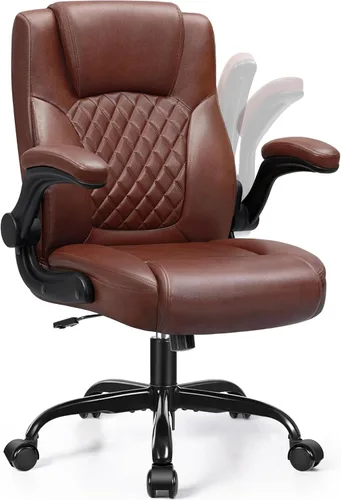 Silla de cuero PU con soporte ergonómico lumbar, gira 360°, pequeña, ruedas, reposabrazos ajustables, para gente chaparra, para escritorio, Marrón