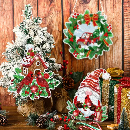 Miniatura 7 de Sintuff Juego de 3 carteles colgantes de pintura de diamantes de Navidad, diseño de pájaros gnomos, arte de diamante, arte de pared para bricolaje
