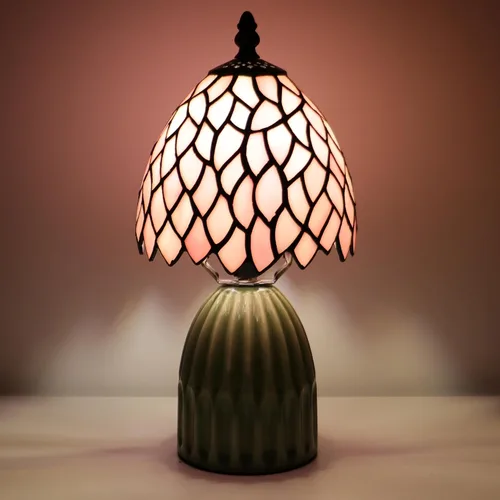 Miniatura 6 de Tiffany Stained Glass Mushroom Table Lamp 12.5 Inch -Pink Leaf Tiffany Lamp,6X6X12.5 Inch,Small Night Light,Ceramic Base, Mini Accent Light