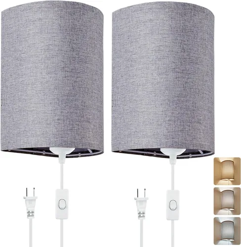 Miniatura 9 de Aplique de pared enchufable, juego de dos apliques de pared de 3 colores, lámpara de pared industrial, lámpara de pared con interruptor de Beige