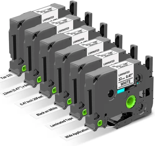 Miniatura 9 de Freshworld Paquete de 6 cintas de repuesto para rotuladora Brother TZe-335 de 0.472 in 0.47 de tinta blanca sobre cinta negra laminada compatible