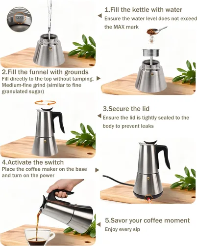 Miniatura 8 de Olla eléctrica Moka con base desmontable, cafetera de aluminio de 10 onzas, 6 tazas, 10.1 fl oz, cafetera italiana negra para cocina y hogar, 110 V