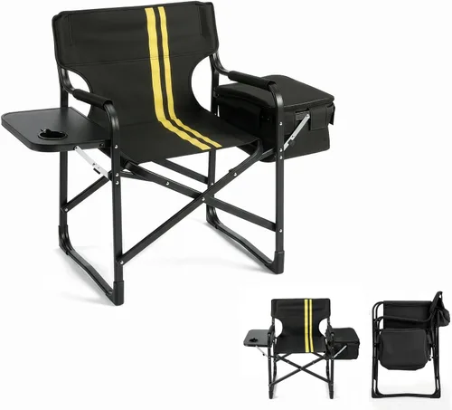Black Light Weight Camping Directors Chair for Camping | Aluminum Frame and Oxford Fabric Supports 300 lbs, Foldable and Portable, with Side Cooler