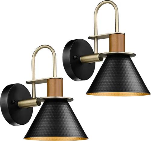 HWH - Juego de 2 apliques de pared modernos, iluminación industrial de pared de granero de latón para dormitorio, cocina, pantalla de metal Negro
