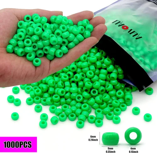Miniatura 2 de 1000Pcs Cuentas de Pony 9mm Verde Plástico Barril Cuentas de Pony para Collar, Cuentas de Pelo para Trenzas, Cadena de Llavero, Fabricación