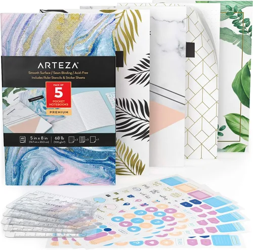 ARTEZA Cuadernos de bolsillo, 5 x 8 pulgadas, juego de 5, 40 hojas cada uno, diseño abstracto, 2 rayados, 2 puntos y 1 diario de tapa blanda en