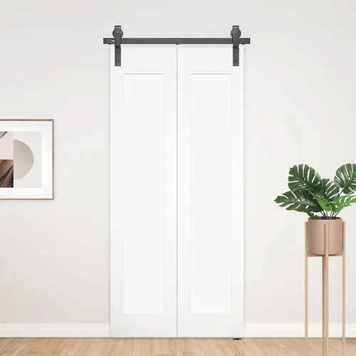 Miniatura 6 de Kit de herrajes para puerta de granero plegable de 52 pulgadas para 2 puertas, rodillo resistente montado en riel negro y en la parte superior, kit