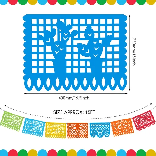 Miniatura 2 de 12 pancartas de fiesta mexicana de 180 pies grandes de papel picado, 10 patrones de plástico para fiesta de cinco de mayo, fiesta mexicana, día