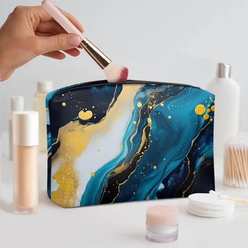 Miniatura 5 de Flashideas Bolsa de maquillaje portátil de cuero impermeable bolsa de cosméticos embrague maquillaje cepillo bolsa, Estampado De Mármol Azul 1
