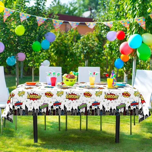 Miniatura 4 de 3 manteles de fiesta de cumpleaños con temática de héroes, mantel rectangular desechable de plástico de paisaje urbano blanco Super Bang para baby