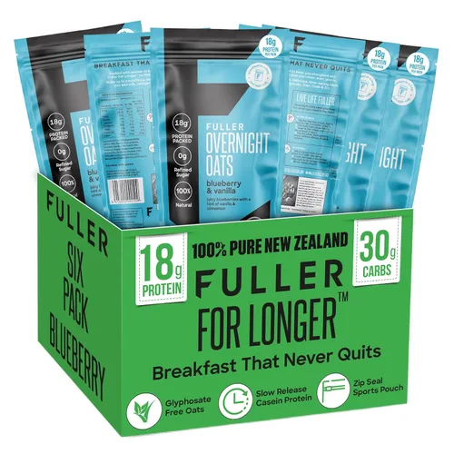 Deliciosa avena nocturna con alto contenido de proteínas y arándanos y vainilla, FULLER diseñado por nutricionistas para más tiempo con bajo