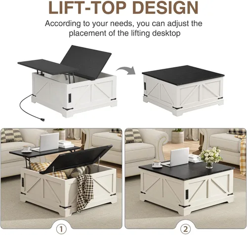 Miniatura 5 de Vabches Mesa auxiliar elevable de 35.4 pulgadas con almacenamiento, mesas de centro cuadradas de granja para sala de estar, mesa central