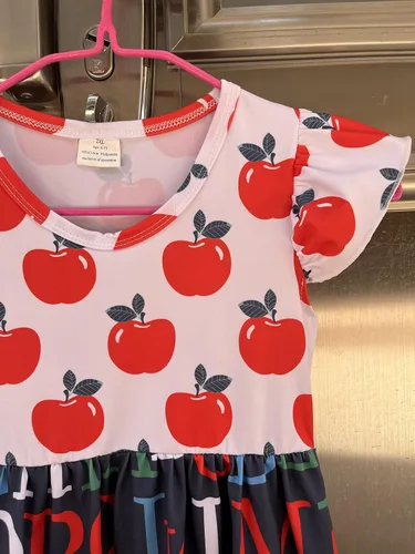 Miniatura 18 de Vestidos de regreso a la escuela para niñas pequeñas: manzana, lápices, ratón de biblioteca, autobús escolar, pegamento, telurión, pizarra arcoíris