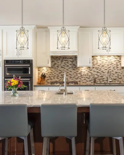 Miniatura 6 de Luces Colgantes de Níquel Cepillado para Isla de Cocina Paquete de 3, Iluminación Colgante de Vidrio para Cocina sobre Isla con Varilla, Moderna