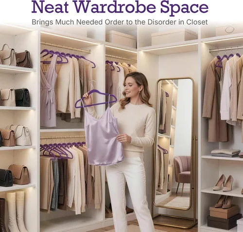 Miniatura 7 de HOUSE DAY Paquete de 60 perchas de terciopelo morado noble, perchas de terciopelo antideslizantes para ropa resistentes para abrigos, perchas Noble