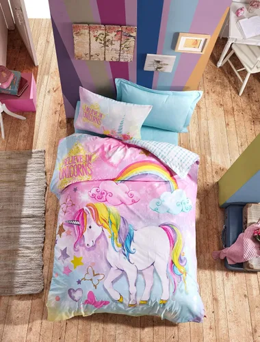 Miniatura 2 de Juego de ropa de cama 100% algodón con diseño de unicornio, juego de funda de edredón con temática de unicornios, tamaño individual/individual