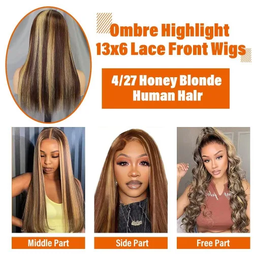 Miniatura 4 de TTSMINS 13x6 Pelucas de encaje frontal degradado para mujeres de cabello humano, densidad 180, color 4/27, resaltado, HD, transparente, 20 pulgadas
